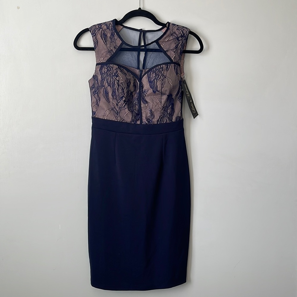 Navy and lilac dress with lace and mesh detail